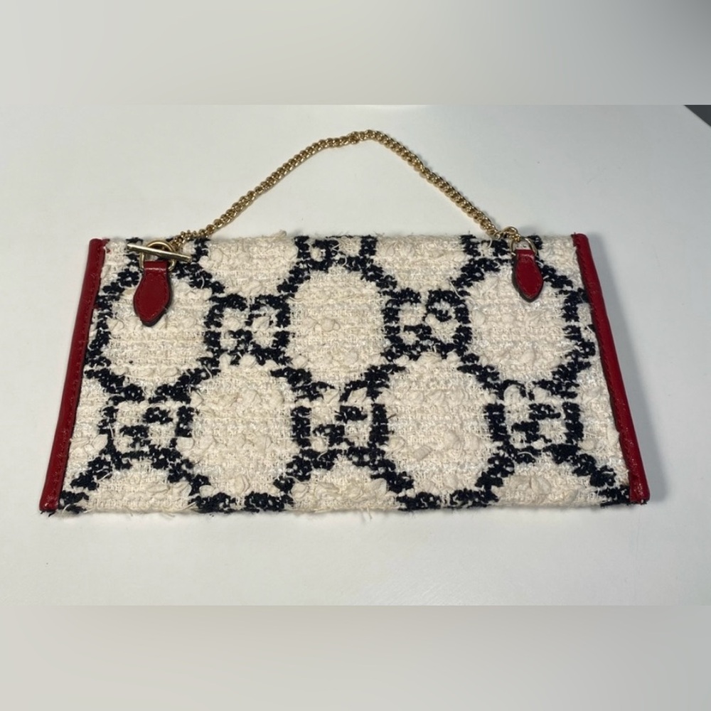 Gucci Tweed  Red and Cream Clutch with Gold Chain - Picture 4 of 13